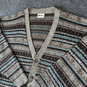 Vintage Megalos XL Knit Cardigan Sweater Brown Teal Geometric‎ 90s Coogi Style